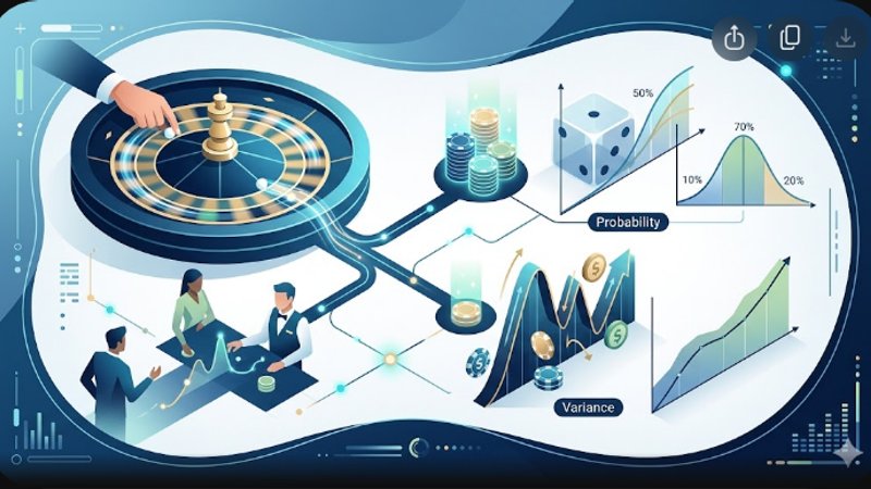 Современная иллюстрация рулетки с графиками вероятности и вариативности для статьи о стратегиях игры